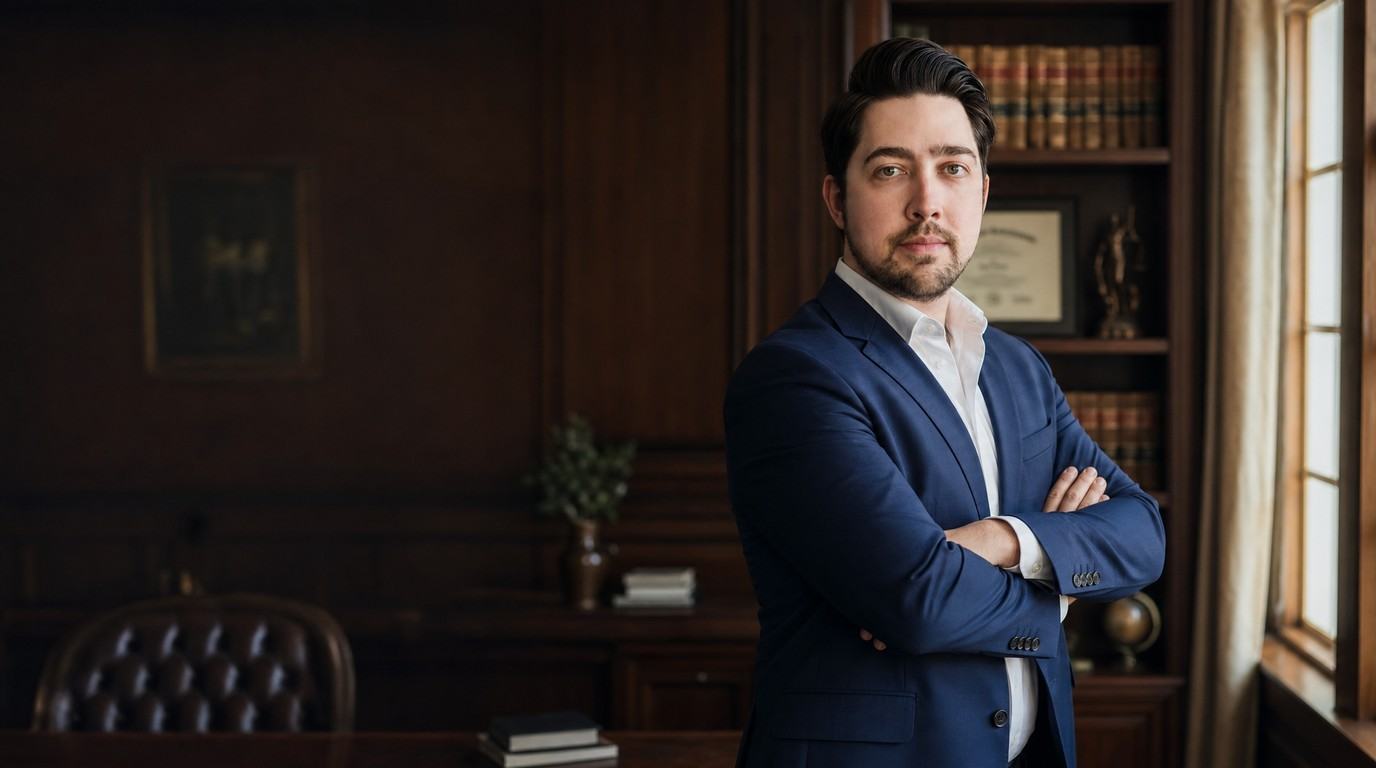 Attorney standing with arms crossed in a warm wood-paneled office, confident and assertive