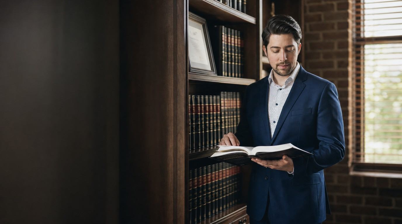 Attorney reading a law volume beside a bookshelf