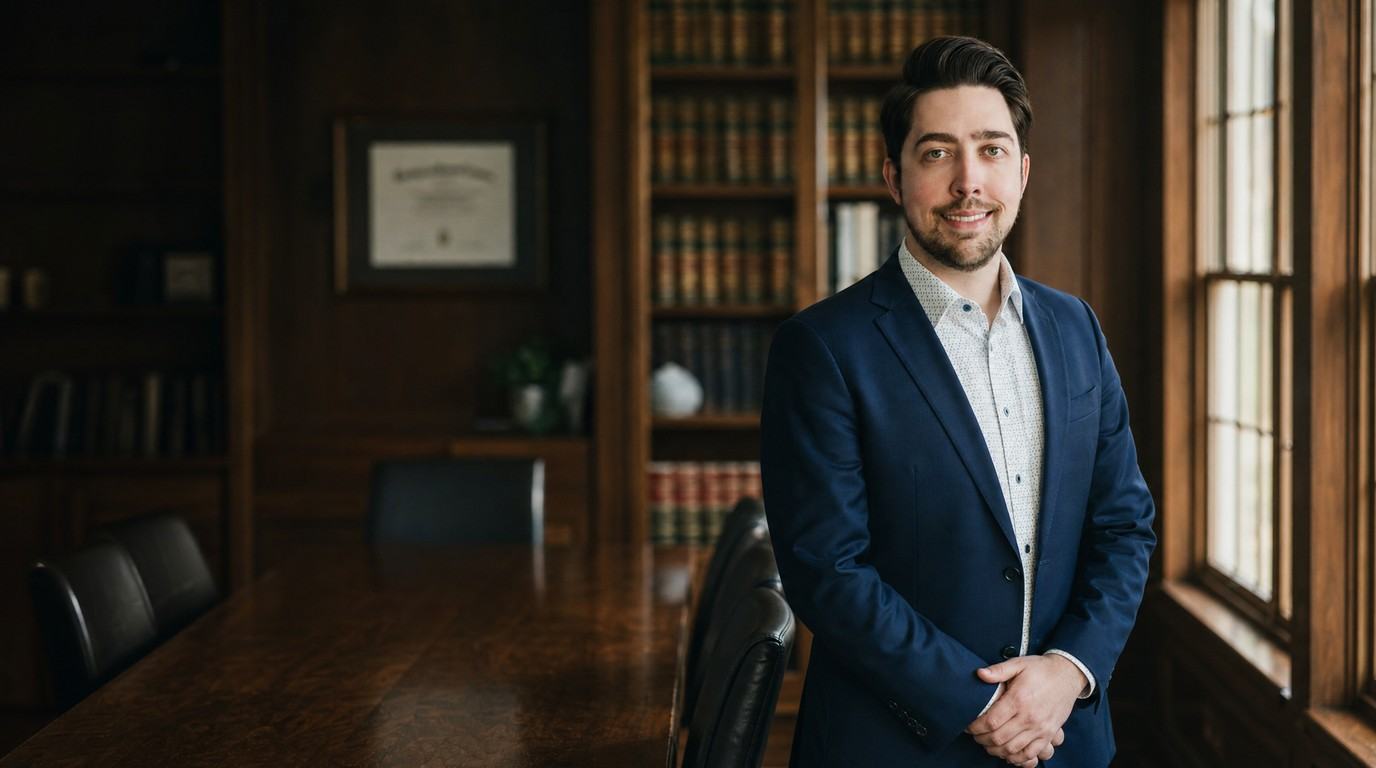 Attorney standing confidently at the head of a conference table