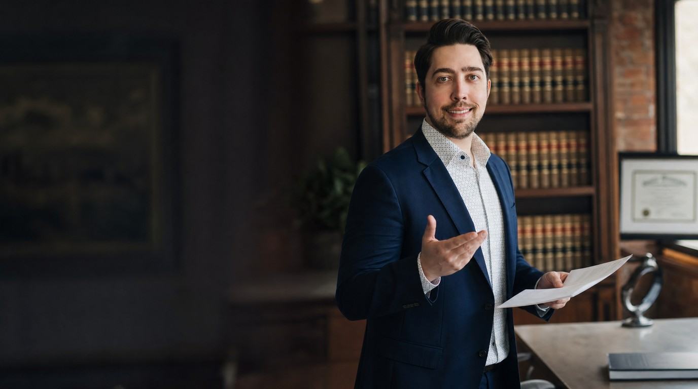 Attorney standing and explaining a document to a client