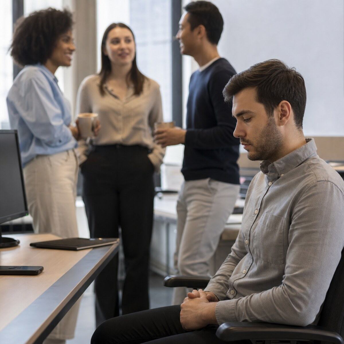 Worker left out of a group conversation in a modern office