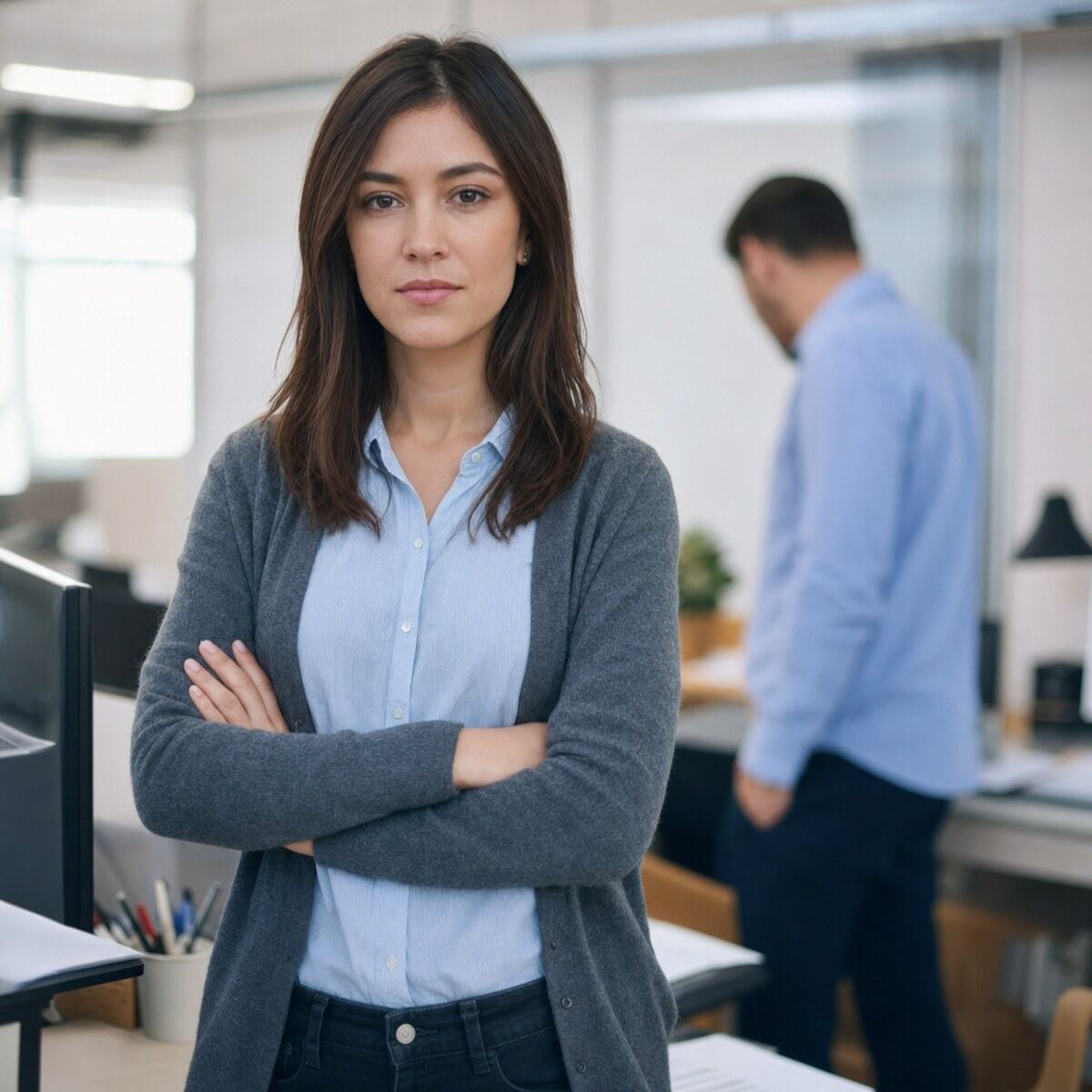 Employee composed near a window facing workplace harassment