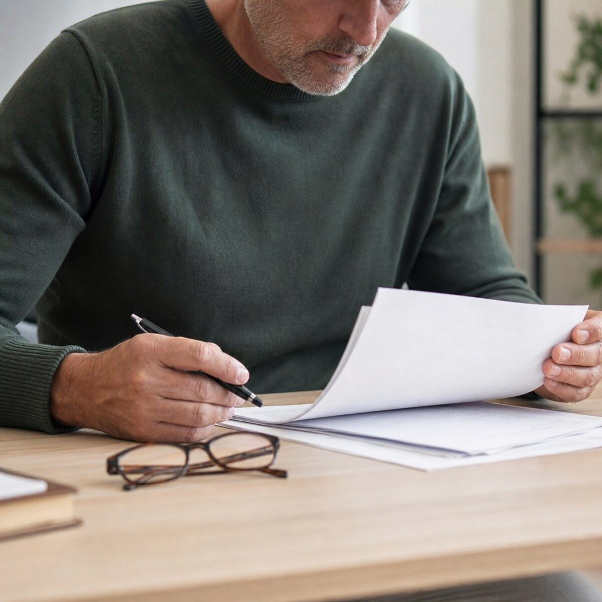 Employee carefully reading a severance agreement before signing
