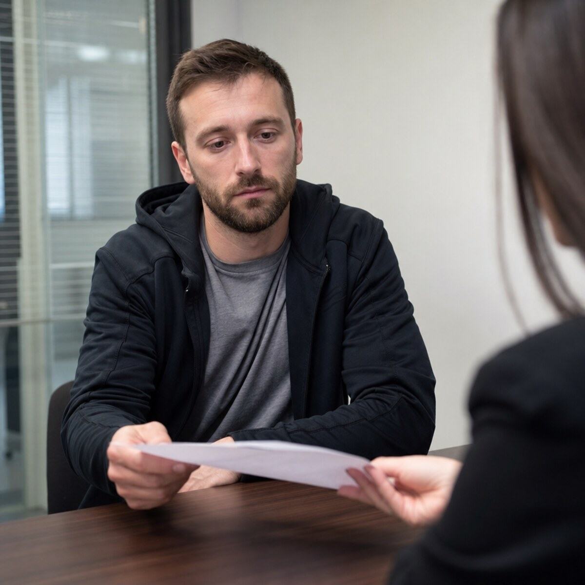 Employee receiving a termination notice at their desk