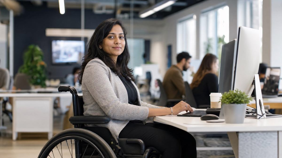 Professional who uses a wheelchair working at a desk in a modern office