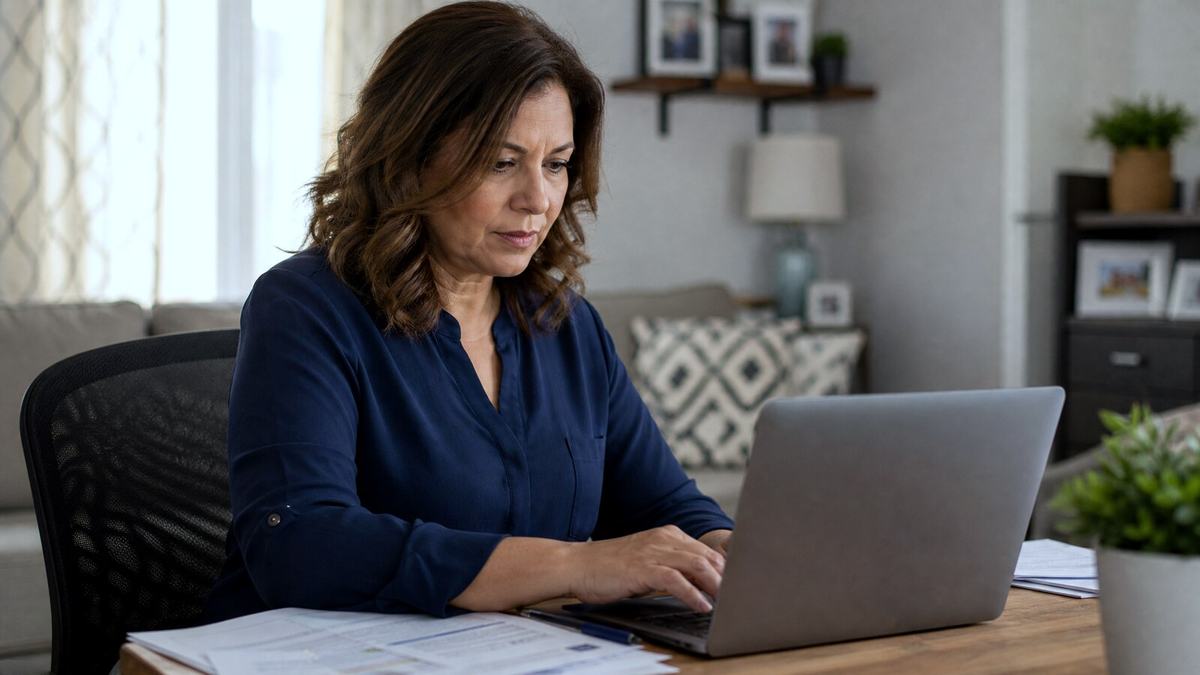 Person at home filling out unemployment benefit paperwork on a laptop