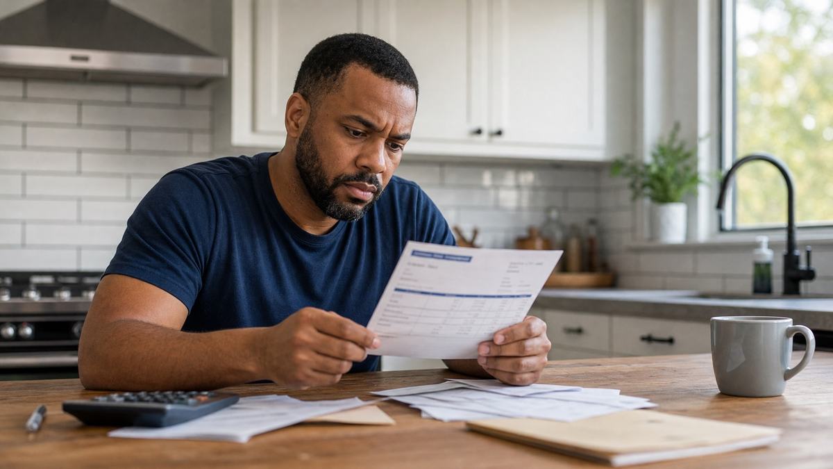Worker at home reviewing a pay stub with concern