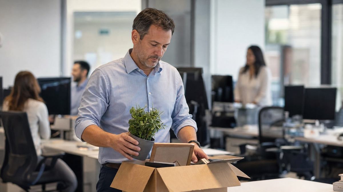 Worker packing personal belongings into a box after a wrongful termination