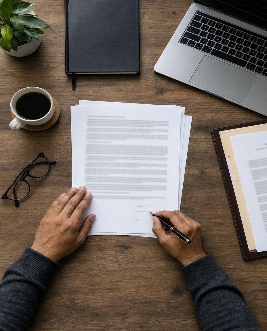 Person sorting through bills and legal documents at home