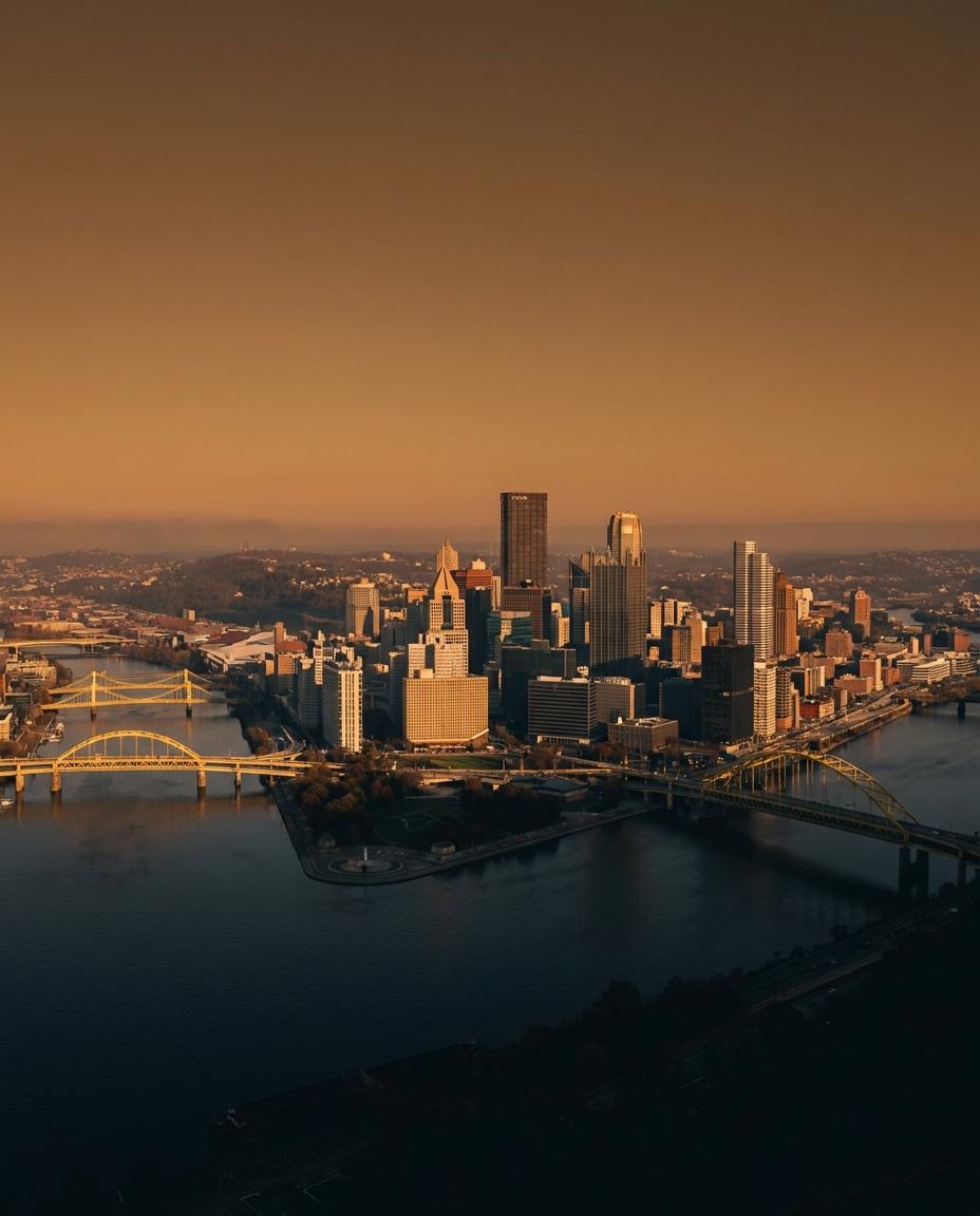 Pittsburgh skyline at golden hour from the Mt. Washington overlook, with the city's three rivers and bridges in view