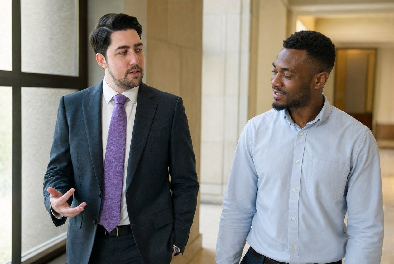 Worker standing confidently outside a courthouse, case resolved